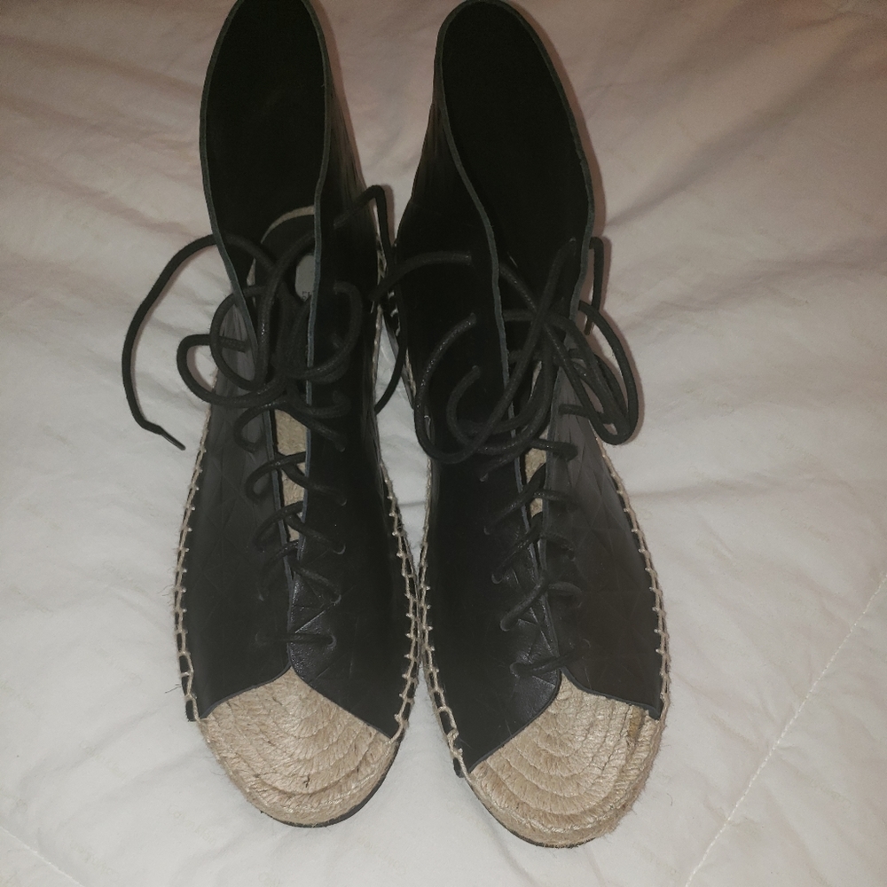 NWOT Miista Black Leather Lace-up Espadrille Peep Toe Booties